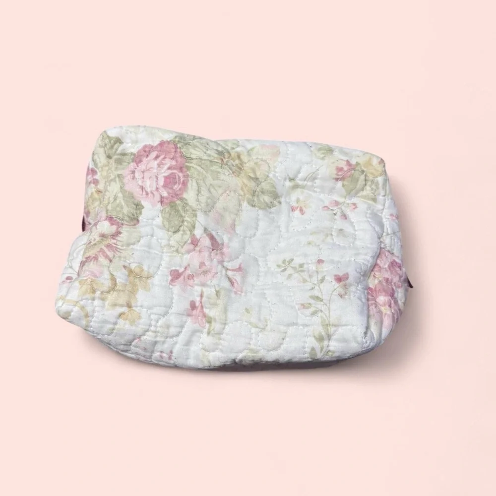 Upcycled Pink Green and White Floral Quilted Boxy Bag / Basket